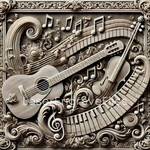 Puede incluir: Una talla de madera detallada de una guitarra, un violín y un teclado de piano. Los instrumentos están tallados intrincadamente con notas musicales y diseños florales. La talla está enmarcada en un marco de madera decorativo.