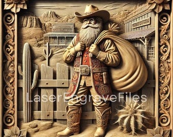 3D Western Cowboy Santa Laser Cut File: Wood & Slate Coaster (Digital Download)