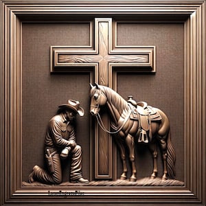 Cowboy che prega inginocchiato croce cavallo file SVG - Inginocchiato religioso che prega cristiano SVG - File di taglio laser 3D per incisione su legno - File PNG