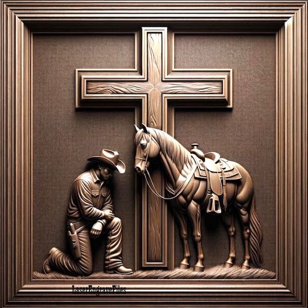 Laser Engrave File - Wood | Slate Coaster | 3D Kneeling Praying Cowboy Cross | Lasercut | svg | png | xcs | xTool | Glowforge | LightBurn