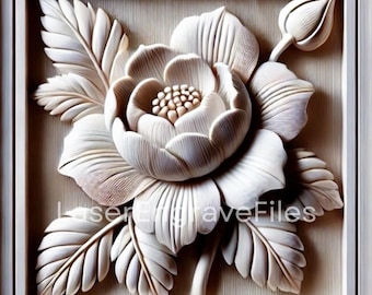 May include: A white, intricately carved wooden flower with leaves, resembling a rose, is displayed in a square frame.