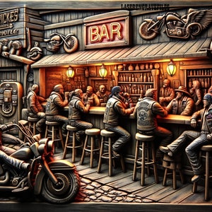 May include: A wood carving depicting a bar scene with a group of men seated at the counter. The bar is crafted from wood and features a sign reading "BAR" above it. Bottles of alcohol are displayed on shelves behind the bar. The men are clad in leather jackets and have beards. A motorcycle can be seen in the background.