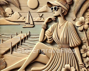 3D Sailboat Woman Beach Laser Engraving SVG File (Digital Download)