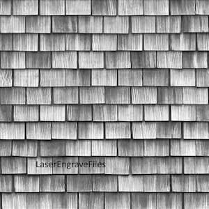 Op de afbeelding: Een close-up van een muur bedekt met grijze houten shingles. De shingles zijn in een verspringend patroon gerangschikt, waardoor een textuur ontstaat. De tekst "LaserEngraveFiles" is zichtbaar in het onderste midden van de afbeelding.