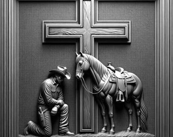 Cowboy Praying by Cross with Horse 3D Laser Cut File (Digital Download)