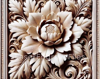 May include: A detailed wood carving of a large flower with intricate leaves and swirls. The carving is in a light brown color and has a raised, three-dimensional design.