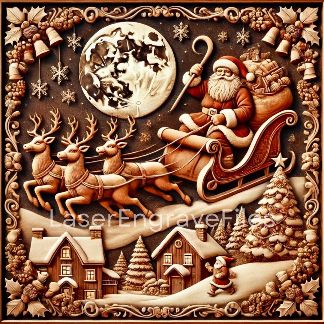 Santa Sleigh Reindeer 3D Laser Cut File: Christmas Engraving (digital ...