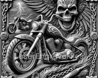 3D Motorcycle Skull & Flames Relief | Biker Chopper, DIY Laser Engrave File for Basswood, Leather, Slate | Lightburn, Glowforge, xTool, SVG