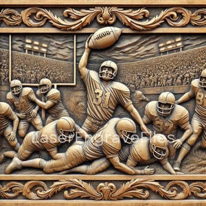 May include: A wood carving of a football game scene. The carving shows players in action, with one player in the air throwing the ball. The carving is detailed and realistic, with the players' uniforms and equipment clearly visible.