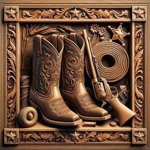 May include: Wooden carving featuring cowboy boots, a revolver, rope, and a sheriff's star. The boots are brown with decorative stitching. The revolver and star are gold-colored. The background includes wheat and floral elements, all within a carved wooden frame.