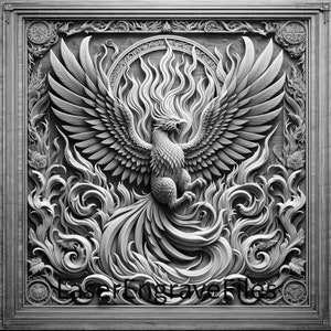 May include: A detailed grayscale wood carving of a phoenix rising from flames, set within a decorative frame. The phoenix has outstretched wings and a detailed tail. The text "LaserEngraveFiles" is at the bottom.