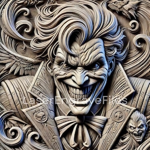 Arquivos SVG a laser com tema Joker emoldurados em 3D - Arquivo cortado a laser para gravura em madeira e porta-copos de ardósia - Arquivos Glowforge do vilão Joker em 3D