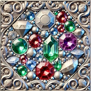 Op de afbeelding: Een zilveren sierdoos met een verscheidenheid aan gekleurde edelstenen, waaronder rode, groene, blauwe en paarse, die in het oppervlak zijn gezet.