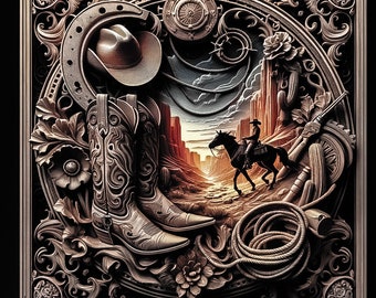 Cowboy Boots & Horse Laser Engraving Files: Western Framed Art (SVG, PNG, XCS Digital Download)