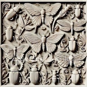 May include: A white wood carving featuring a detailed design of insects and butterflies. The carving depicts a variety of species, including beetles, moths, and butterflies, all intricately carved in relief.