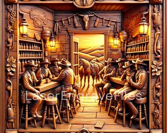 3D Old Western Bar Laser Cut File: Wood & Leather Engraving (Digital Download)