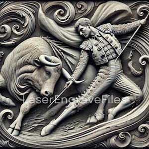 May include: A detailed, three-dimensional sculpture of a bullfighter facing a bull. The bullfighter is wearing a traditional costume with a cape and holding a sword. The bull is charging towards the bullfighter. The sculpture is made of a light-colored material, possibly plaster or stone.