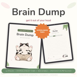 May include: A digital planner titled Brain Dump featuring a black and white cat illustration. The interface includes hyperlinked tabs, lined pages, and text that reads The Reset Series, Brain Dump, get it out of your head, and Hyperlinked Tabs.