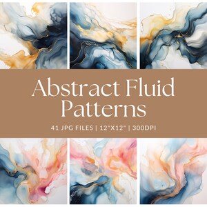 May include: A set of 41 digital abstract fluid patterns in blue, gold, and pink colors. The patterns are 12 inches by 12 inches and 300 DPI.
