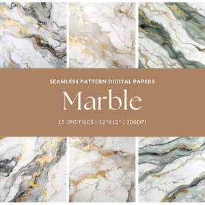 May include: 15 digital paper designs featuring seamless marble patterns in white, gray, and green with gold accents. Each design is 12 inches by 12 inches and 300 DPI.