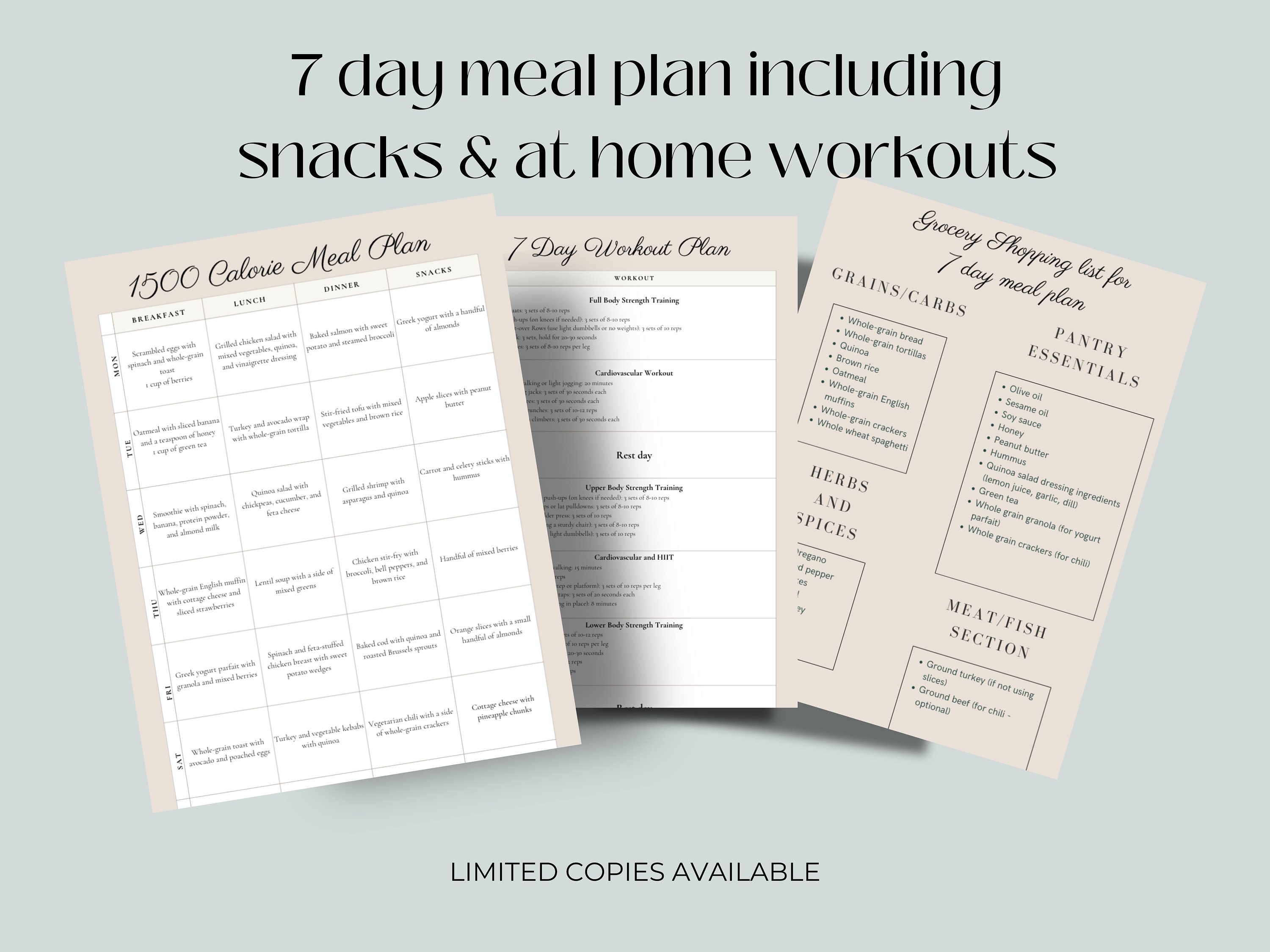 Weekly Meal Plan, Workout Plan Printable. Fitness Gym Plan, Workout