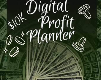 Może przedstawiać: Ręka trzymająca stos banknotów 100 dolarów amerykańskich, z tekstem "$10K Digital Profit Planner" w białym kolorze na ciemnozielonym tle. Tło stanowi wzór banknotów dolarów amerykańskich.