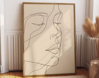 One line drawing print female face continuous line art abstract woman drawing minimalist poster printable boho wall decor Digital Download