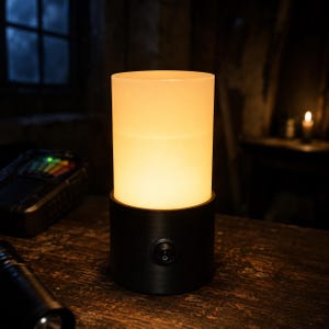 May include: A cylindrical table lamp with a matte black base and a frosted white glass shade that emits a warm, soft glow. The base features a circular black power switch centred on the front. The lamp stands upright with a clean design.