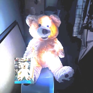 May include: A light-up plush teddy bear with a light-up face and paws. The bear is sitting on a blue surface. The bear is illuminated from within, creating a warm glow.