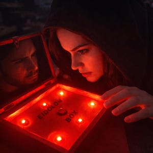 May include: A wooden box with the text "EIDOLON BOX" illuminated by red lights. The box is open, reflecting a man's face. A person wearing a dark hood is looking at the box, their hand near the glowing lights. The scene is dimly lit.