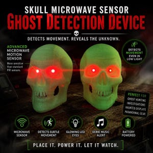May include: Two green skull-shaped ghost detection devices with glowing red eyes. The text reads "SKULL MICROWAVE SENSOR GHOST DETECTION DEVICE." Additional text includes "Detects movement. Reveals the unknown." and "Place it. Power it. Let it watch."
