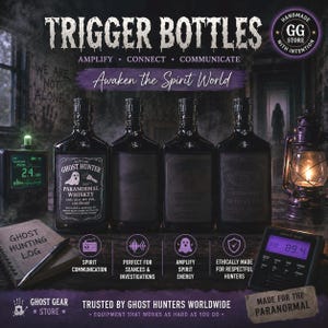 May include: Four dark glass bottles labelled Trigger Bottles with the text Amplify, Connect, Communicate, and Awaken the Spirit World. Includes a ghost hunting log, a digital EMF meter reading 2.4 mG, a spirit box set to 89.4 FM, and a metal lantern.