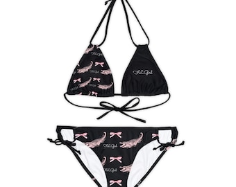Ensemble bikini noir avec alligators roses et noeuds