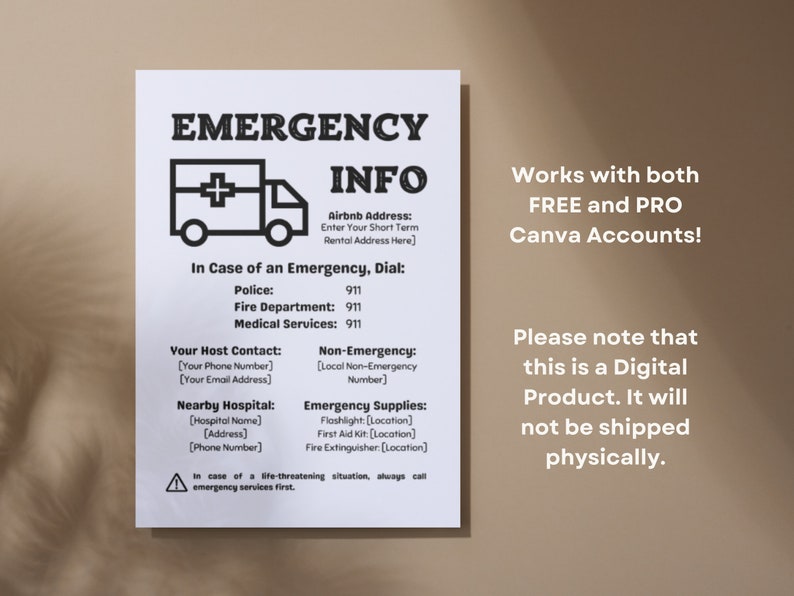 Emergency Info Printable Sign, Airbnb Sign, Emergency Contact List ...