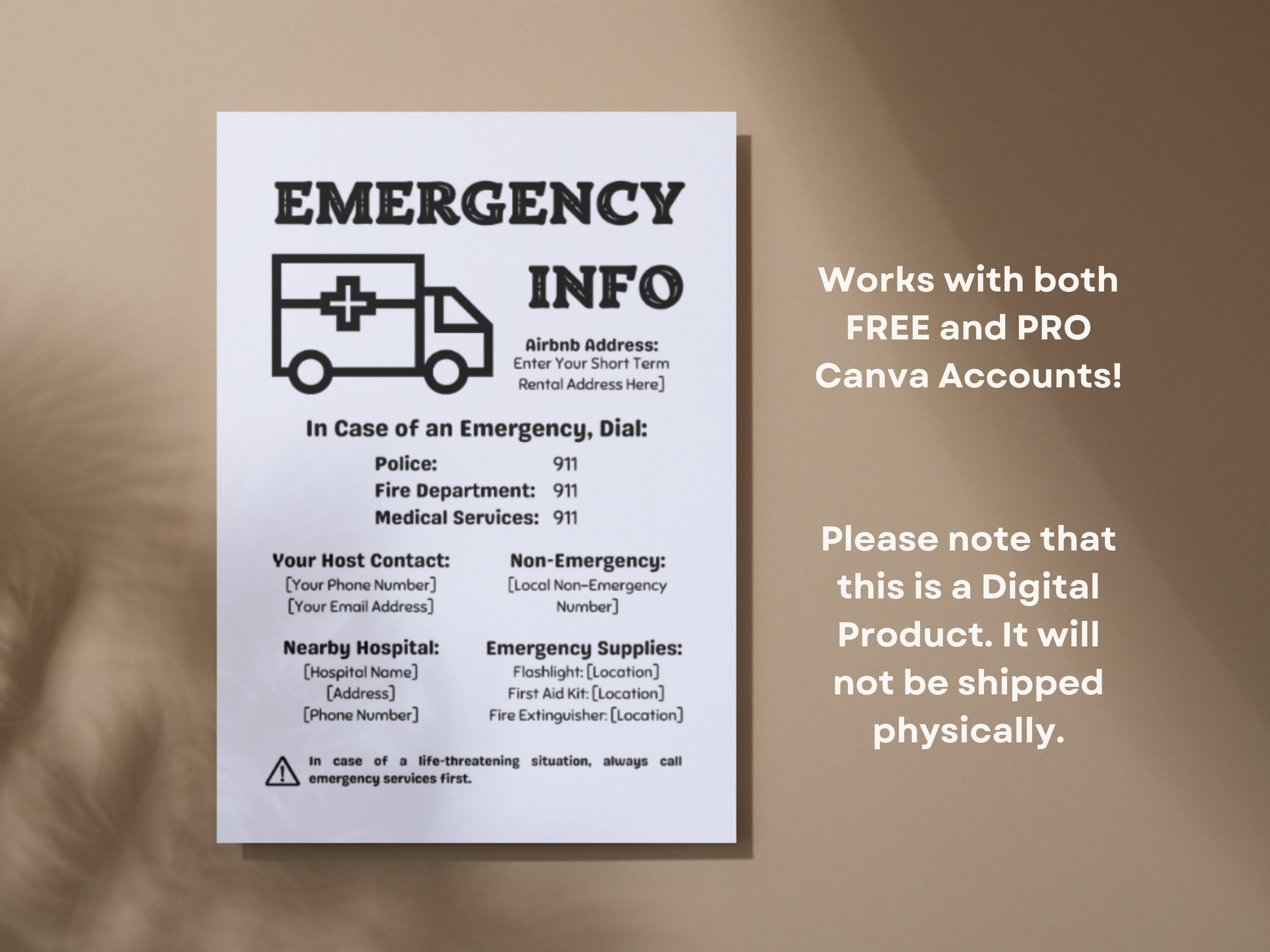 Emergency Info Printable Sign, Airbnb Sign, Emergency Contact List ...