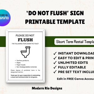 May include: A printable sign template for short-term rentals that says "Please do not flush the following items down the toilet." The sign lists sanitary products, wipes, paper towels, and non-biodegradable materials. The sign also includes a toilet icon and the text "Thank you for your cooperation in maintaining a clean and functional toilet for all guests."