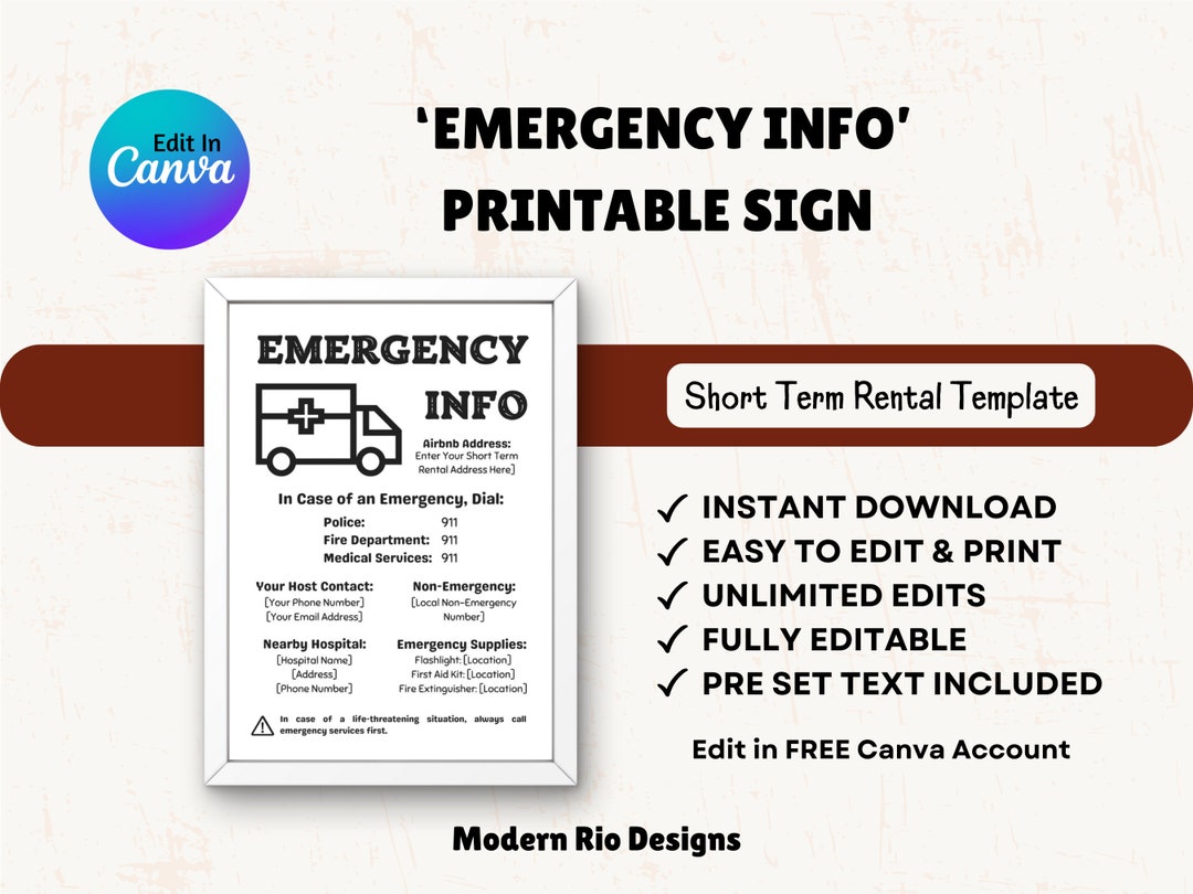 Emergency Info Printable Sign, Airbnb Sign, Emergency Contact List ...