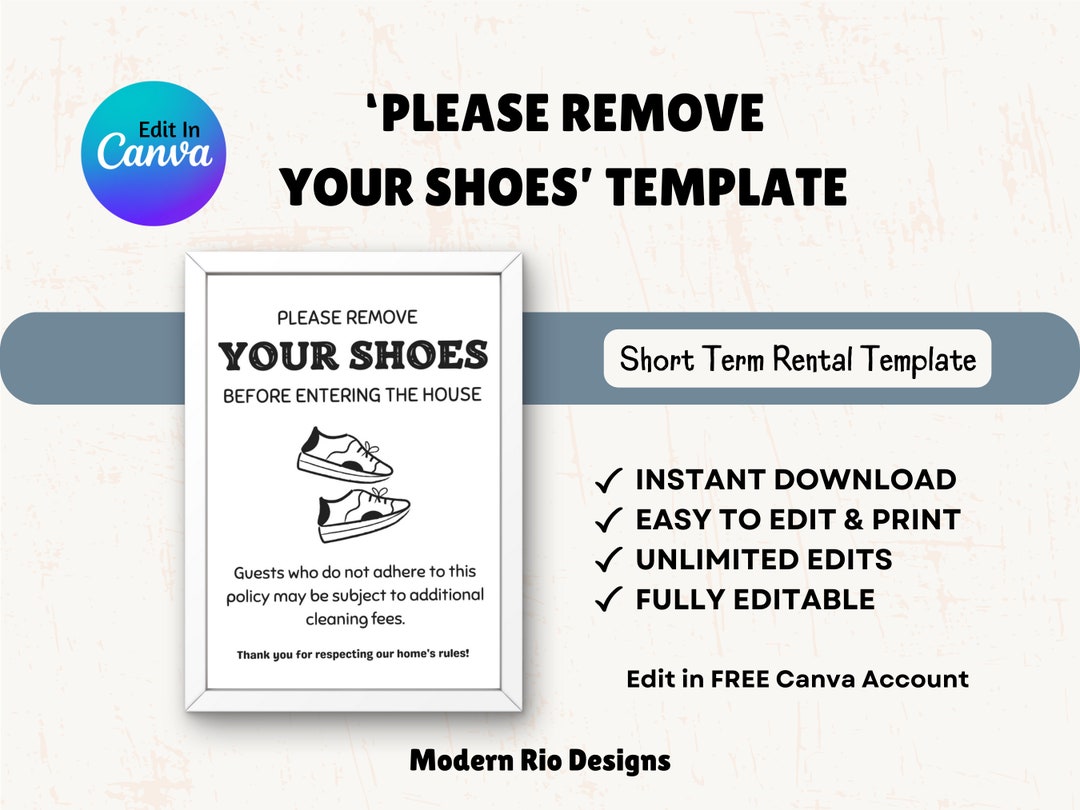Please Remove Your Shoes Printable Template Sign, Instant Download, Short Term Rental Sign ...