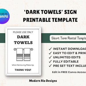 Use Dark Towels Editable Sign, Airbnb Makeup Removal Sign, Makeup Washcloth, Printable Airbnb Sign, Airbnb Host Sign, Bathroom Sign, VRBO