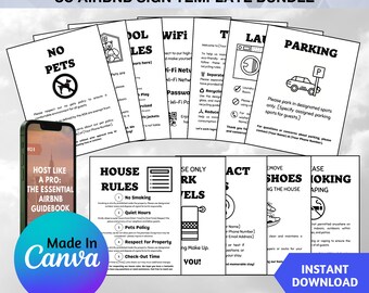 May include: A set of 35 printable Airbnb sign templates in black and white. The signs include instructions for guests such as "No Pets", "House Rules", "Quiet Hours", "Parking", "Remove Shoes", "No Smoking", and "WiFi". The signs are designed to be printed and displayed in an Airbnb rental property. The image also includes a bonus 25-page "Host Like a Pro" guidebook.