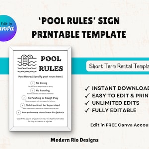 May include: A printable pool rules sign template for short-term rentals. The sign includes a pool icon, the text "Pool Rules", and a list of rules such as "No Diving", "No Running", and "Children Must be Supervised".