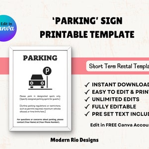 Könnte beinhalten: Druckbare Parkplatzschild-Vorlage für Kurzzeitmieten. Das Schild zeigt ein schwarz-weißes Auto-Symbol, das Wort "PARKING" in fettem schwarzen Text und ein "P"-Symbol. Die Vorlage ist vollständig editierbar und enthält voreingestellten Text. Laden Sie sie herunter und bearbeiten Sie sie in Canva.