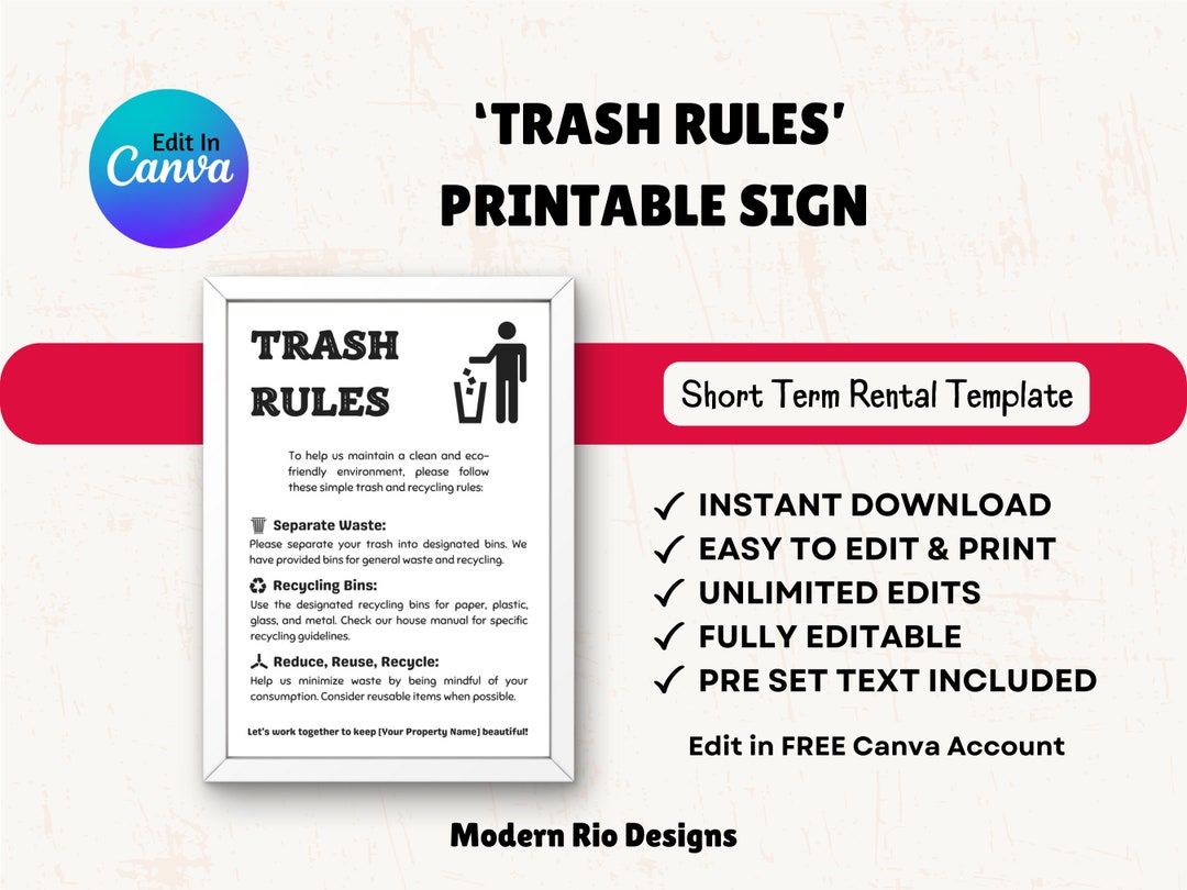 Trash Rules Sign, Airbnb Editable Sign, Trash Directions, Editable