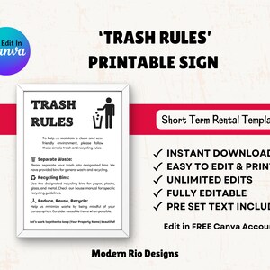 Signo de reglas de basura, signo editable de Airbnb, direcciones de basura, signo imprimible editable, plantilla de signo de Airbnb, cartel del día de la basura, señalización de reciclaje