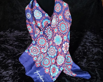Vintage Jacques Rochenbeau Blue, Aqua and Red Silk Scarf