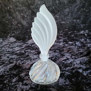 Vintage Art Deco Frosted and Clear Perfume Bottle with Feather Stopper