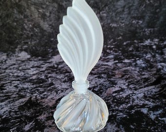 Vintage Art Deco Frosted and Clear Perfume Bottle with Feather Stopper