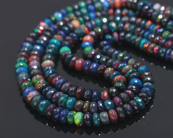Faceted Black Opal Beads: Ethiopian Welo Opal Rondelles, AAA Grade