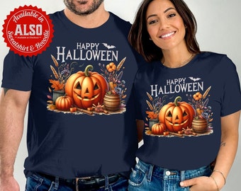 Camiseta de Halloween com estampa de abóbora, roupa temática da temporada assustadora.