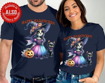 Koszulka z kotem czarownicą na Halloween, strój na upiorny sezon